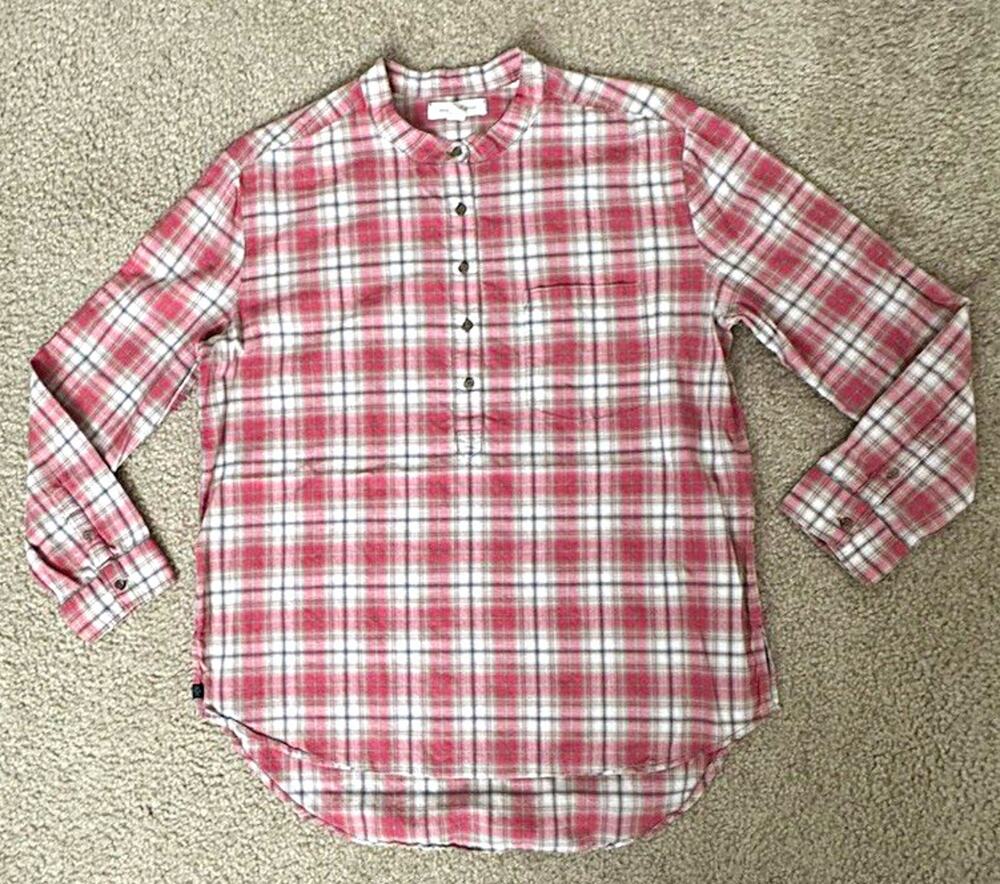 Treasure & Bond Womens L Pink Plaid Popover Tunic Shirt High Low Long Sleeve